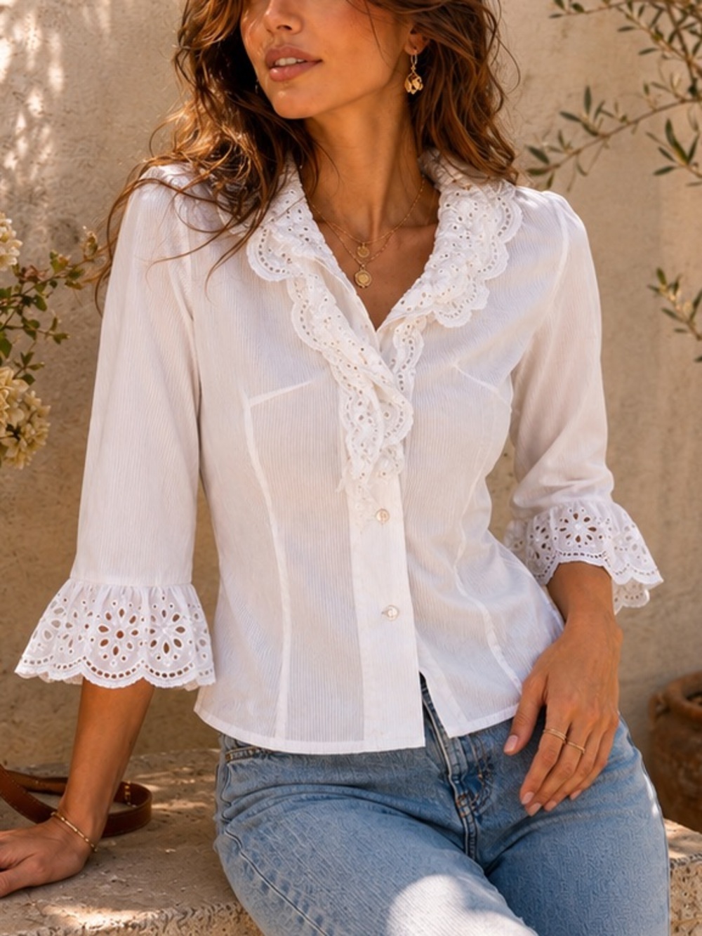 Nara Camice Cotton Blend White Eyelet Ruffle Blouse